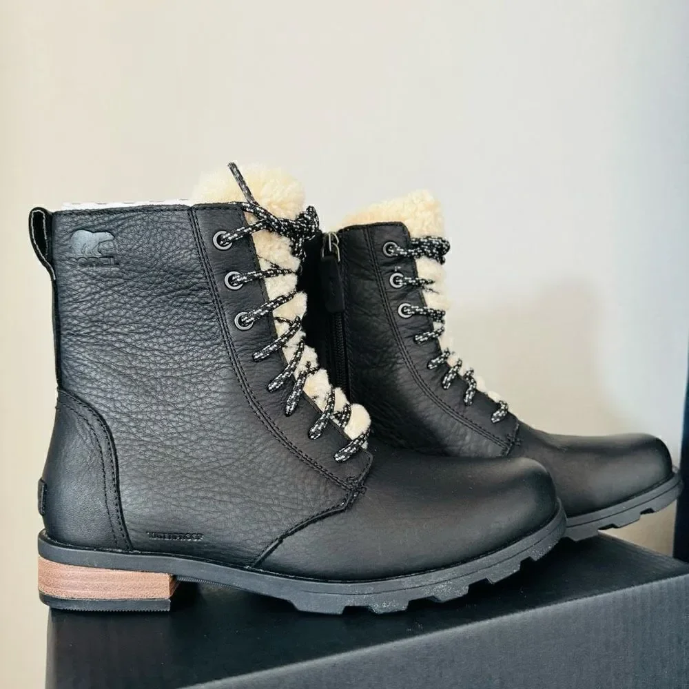 SOREL Emelie Genuine Shearling Lamb Fur Short Lace-Up‎ Boot, Black, Size 9, NWT